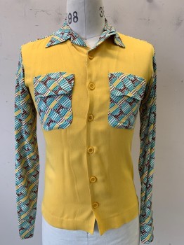 Mens, Shirt, Pico & Sepulveda, Yellow, Turquoise Blue, Brown, Cotton, Stripes - Diagonal , Circles, Sm, L/S, Button Front, C.A., 2 Pockets