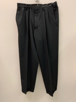 HAGGAR, Black, Wool, Solid, Pleated Front, 4 Pockets, Zip Fly, Cuffed