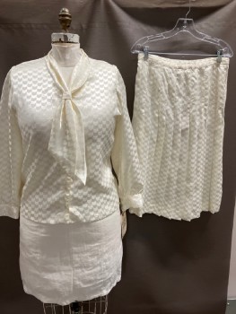 Womens, 1980s Vintage, Top, TAN F JAY, Ivory White, Polyester, Solid, B 42, Jacquard, Scales, L/S, B.F., Self Scarf Tie Neck