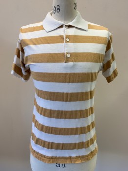 STRATFORD, White, Khaki Brown, Cotton, Stripes - Horizontal , S/S, Collar Attached, 3 Buttons