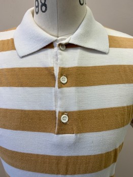Mens, Polo Shirt, STRATFORD, White, Khaki Brown, Cotton, Stripes - Horizontal , L, S/S, Collar Attached, 3 Buttons