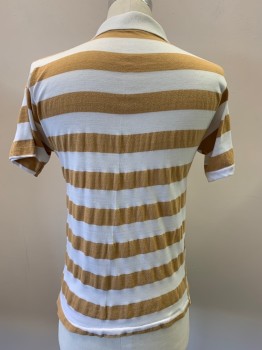 Mens, Polo Shirt, STRATFORD, White, Khaki Brown, Cotton, Stripes - Horizontal , L, S/S, Collar Attached, 3 Buttons