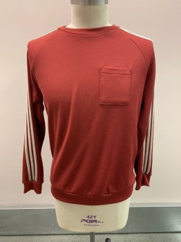 Mens, Pullover Sweater, ADIDAS, Paprika Red, Polyester, L, CN, L/S, White Stripes On Sleeves
