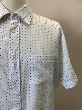 Mens, Shirt, BLAIR, White, Charcoal Gray, Polyester, Rayon, Dots, C49, 16.5, S/S, Button Front, Collar Attached, Chest Pocket, Stain On Front Bottom