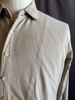 Mens, Historical Fiction Shirt, MTO/TIRELLI, Tan Brown, Cotton, Solid, Herringbone, XL, 1/2 Button Front, Collar Attached, Bib, Gathered at Placket Bottom, Gathered Inset Long Sleeves, Button Cuff, Side Seam Slits, Gathered at Back Yoke