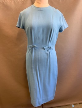 N/L, Baby Blue, Wool, Solid, Gabardine, Short Sleeves, Round Neck,  2 Self 3D Bows at Waist with Single Pleat Below Each, Knee Length, Sheath,