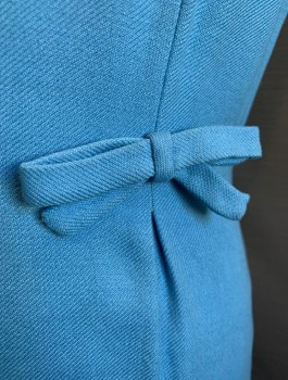 N/L, Baby Blue, Wool, Solid, Gabardine, Short Sleeves, Round Neck,  2 Self 3D Bows at Waist with Single Pleat Below Each, Knee Length, Sheath,