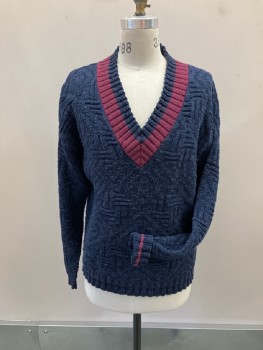 RALPH LAUREN, Navy Blue, Red Burgundy, Cotton, Solid, Color Blocking, Pull On, V-N, Tennis Style, Diamonds And Lines Texture, Slubbed, Burgundy At Rib Knit Neck Band Cuffs & Hem