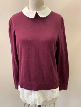 Womens, Pullover, TED BAKER, Red Burgundy, White, Cotton, Polyamide, Solid, M, Knit Sweater with Attached White Cotton Undershirt with Self Polka Dot Pattern, Long Sleeves, Collar is Rounded