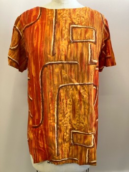 Womens, Shirt, CAROL BRENT, B: 37, Orange/ Multi-color, Abstract Print, Round Neck, S/S, Back Button Down