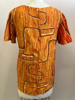 Womens, Shirt, CAROL BRENT, B: 37, Orange/ Multi-color, Abstract Print, Round Neck, S/S, Back Button Down