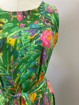 CAREER CASUAL, Green/ Multi-color, Floral Print, Scoop Neck, Sleeveless, Back Zip, With Matching Waist Belt