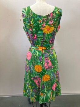 CAREER CASUAL, Green/ Multi-color, Floral Print, Scoop Neck, Sleeveless, Back Zip, With Matching Waist Belt