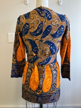 Womens, 1970s Vintage, Piece 1, JOY STEVENS, W:29, B:36, Tunic - Brown.Orange,Navy Paisley with Border Print, Pull On, L/S, Round Neck, Back Zip ** MATCHING Wide Belt with Covered Buckle