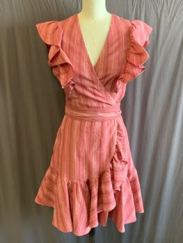 Womens, Dress, Sleeveless, REBECCA TAYLOR, Rose Pink, Off White, Brown, Linen, Stripes, 2, V-N Wrap Dress, Ruffle Over Shoulders, Slvls, Tie @ Waist, Ruffle Down Front Side Opening And Hem, Hem Above Knee
