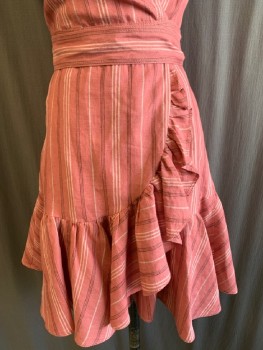 Womens, Dress, Sleeveless, REBECCA TAYLOR, Rose Pink, Off White, Brown, Linen, Stripes, 2, V-N Wrap Dress, Ruffle Over Shoulders, Slvls, Tie @ Waist, Ruffle Down Front Side Opening And Hem, Hem Above Knee