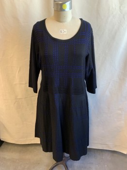 Womens, Dress, Long & 3/4 Sleeve, LANE BRYANT, Black, Primary Blue, Rayon, Polyester, Geometric, Solid, 26-28, Double Knit, Triangle Cutouts on First Layer to Show Blue Layer Underneath, 3/4 Sleeves, Scoop Neck, Ribbed Waist