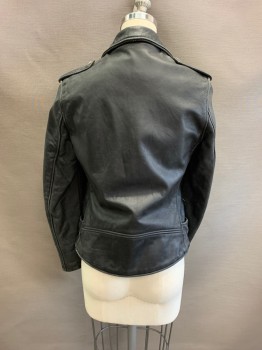 SCHOTT NYC, Black, Leather, With Matching Belt, C.A., Zip Front, L/S, 3 Zip Pockets, 1 Faux Flap Pocket, Zippers At Cuffs, Epaulets