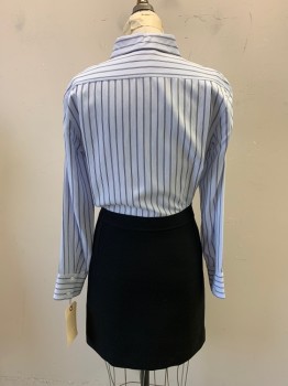 Womens, Dress, Long & 3/4 Sleeve, SANDRO, Lt Blue, Black, Viscose, Wool, Stripes, Solid, W:27, B:36, H:36, Long Sleeves, Button Front, Collar Attached, Striped Top with Solid Black Skirt, Side Zip, Front Slit