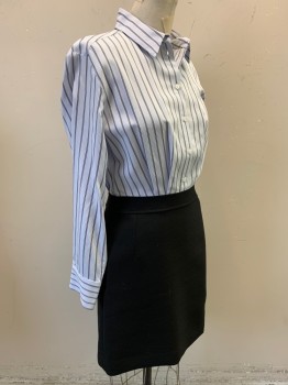 Womens, Dress, Long & 3/4 Sleeve, SANDRO, Lt Blue, Black, Viscose, Wool, Stripes, Solid, W:27, B:36, H:36, Long Sleeves, Button Front, Collar Attached, Striped Top with Solid Black Skirt, Side Zip, Front Slit