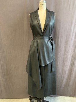 Womens, Dress, Sleeveless, BCBG MAX AZRIA, Black, Polyurethane, Polyester, Solid, XS, Pleather, Single Breasted, Collar Attached, Notched Lapel, Sleeveless, 1 Button, 1/2 Skirt Pleated and Asymmetrical Attached to Belt, 2 Pockets