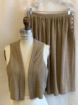 GEORGETTE, Camel Brown, Polyester, Silk, Textured Fabric, Tweed, Open Front Vest, Tie Detail In Back