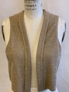 GEORGETTE, Camel Brown, Polyester, Silk, Textured Fabric, Tweed, Open Front Vest, Tie Detail In Back