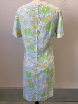 NO LABEL, Lt Blue, Lime Green, White, Yellow, Cotton, Floral, S/S, CN, Back Zipper, Vertical Lace Details, Single Pink Button on Neck, MTO