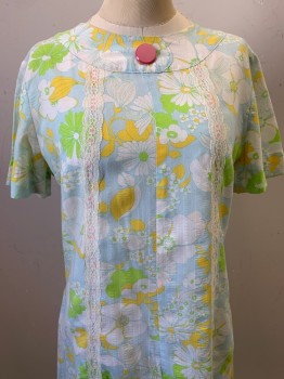 NO LABEL, Lt Blue, Lime Green, White, Yellow, Cotton, Floral, S/S, CN, Back Zipper, Vertical Lace Details, Single Pink Button on Neck, MTO