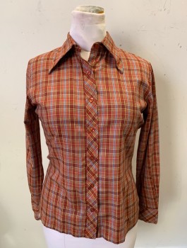 Womens, Shirt, COLLEGE TOWN, Tomato Red, Red Burgundy, Yellow, Gray, Poly/Cotton, Plaid, B:38, L/S, Button Front, Dagger Collar