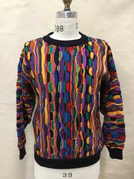 PURELY AUSTRALIAN, Multi-color, Black, Wool, Abstract , Long Sleeves, Crew Neck, Textured Knit,