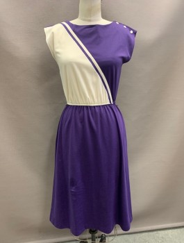 N/L, Aubergine Purple, Cream, Polyester, Jersey, Cream Panel And Diagonal Stripe On Bodice, Cap Sleeves, 3 Cream Buttons At One Shoulder, Elastic Waist, Hem Above Knee