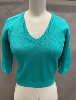GENESIS, Kelly Green, Acrylic, Solid, Knit, 3/4 Sleeves, V-Neck, Pullover,  Fitted, Short/Cropped Length, 1 Patch Pocket At Chest