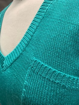 GENESIS, Kelly Green, Acrylic, Solid, Knit, 3/4 Sleeves, V-Neck, Pullover,  Fitted, Short/Cropped Length, 1 Patch Pocket At Chest