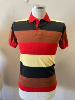 SERGIO VALENTI, Red/Butter/Cinnamon/Black Broad Horizontal Stripe, 2 Btns, S/S, Rib Knit Collar & Cuffs