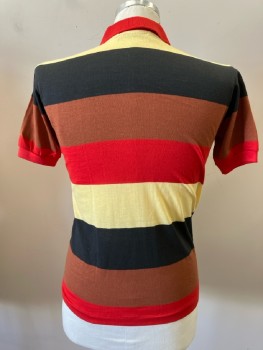 Mens, Polo Shirt, SERGIO VALENTI, Ch:40, Red/Butter/Cinnamon/Black Broad Horizontal Stripe, 2 Btns, S/S, Rib Knit Collar & Cuffs