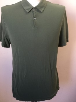 JAMES PERSE, Olive Green, Cotton, Heathered, Olive, Collar Attached, 2 Button Front, Short Sleeves, Side Split Hem