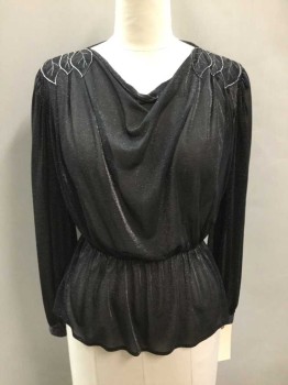 De Pietri, Gray, Silver, Black, Acetate, Polyester, Long Sleeves, Cowl Neck, Gathered Shoulder Seams, Lurex Horizontal Stripes, Leaf Shoulder Appliques With Silver Embroidery. Elastic Waist, Peplum, Sheer, Button Cuffs