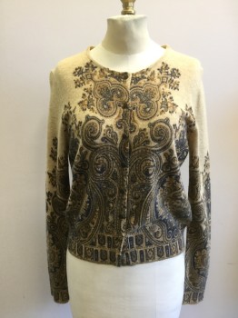 Womens, Sweater, JONES NY COUNTRY, Camel Brown, Charcoal Gray, Lt Brown, Wool, Angora, Paisley/Swirls, M, Brass Ornate Small Button Front, L/S, CN, Ribbed Knit Waistband/Cuff