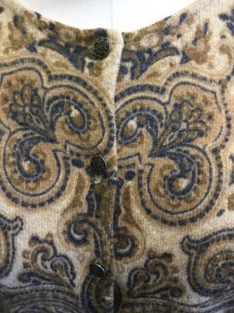 Womens, Sweater, JONES NY COUNTRY, Camel Brown, Charcoal Gray, Lt Brown, Wool, Angora, Paisley/Swirls, M, Brass Ornate Small Button Front, L/S, CN, Ribbed Knit Waistband/Cuff