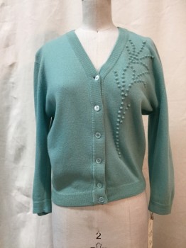 Womens, Sweater, DALTON, Mint Green, Cashmere, Solid, M, Mint, Self Textured Detail, V-neck, Button Front,
