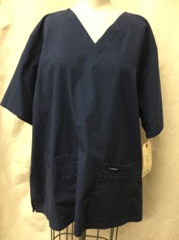 LANDAU, Navy Blue, Polyester, Cotton, Solid, Short Sleeves, V-neck, Pull Over, 4 Pocket,