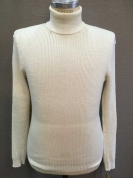 Mens, Sweater, Damon, Cream, Acrylic, Solid, Medium, Long Sleeves, Ribbed, Small Hole In Neck Seam, Turtleneck