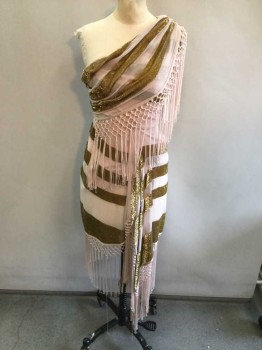 ALICE MCCALL , Lt Pink, Gold, Silk, Polyester, Stripes, Poly Under Layer with High Low Hem Line, Light Pink Silk Crepe Over Lay With Gold Velvet Stripes, One Shoulder With Left Shoulder Drape, Attached Sarong Skirt With Center Front Drape, Long Knotted Fringe On Drapes & Hem Line