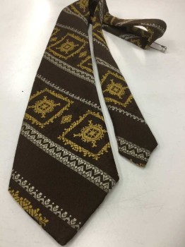 Mens, Tie, N/L, Brown, White, Yellow, Polyester, Geometric, Stripes - Diagonal , 4 In Hand,
