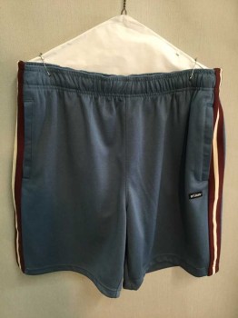 Mens, Shorts, Stussy, Steel Blue, Red Burgundy, Off White, Polyester, Cotton, Solid, Stripes, Large, Elastic Waist, Burgundy/Off White Side Stripes, Side Welt Pockets