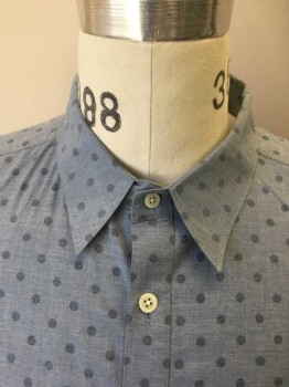 THEORY, Lt Blue, Navy Blue, Cotton, Polka Dots, Reversed Polka Dot Print Fabric. Long Sleeves, Collar Attached, Button Front,
