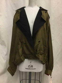 NL, Olive Green, Silk, Solid, Double Breasted, Notched Lapel, Epaulets, Shoulder Pads