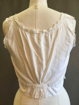 M.T.O., White, Cotton, Solid, Scoop Neck with Eyelet Lace Trim. Draw String Waist with Short Peplum, Gathered Detail Center Back, Sleeveless. Lace Is Coming Off Right Armhole Slightly.  Needs To Be Restitched