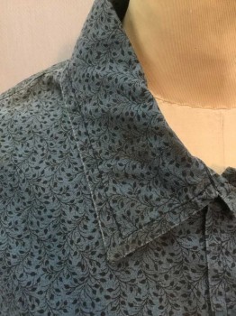 N/L, Blue, Navy Blue, Cotton, Floral, Blue with Navy Leaf and Vine Pattern Calico, Long Sleeve Button Front, Collar Attached, Puffy Sleeves Gathered At Shoulder, Self Belt Ties Attached At Center Back Waist, Made To Order, Aged/Dirty Throughout, Particular Dirty On Collar,